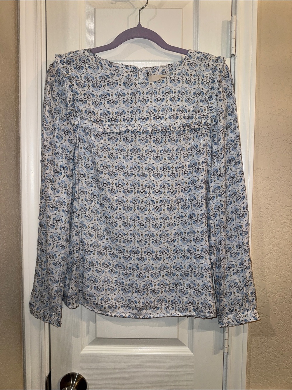 LOFT Blue Floral Long-Sleeve Woven Blouse